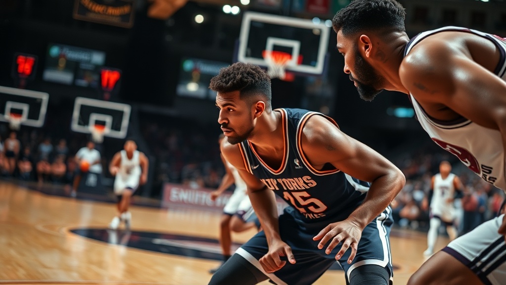 농구 선수가 수비 자세를 취하고 있는 경기 장면