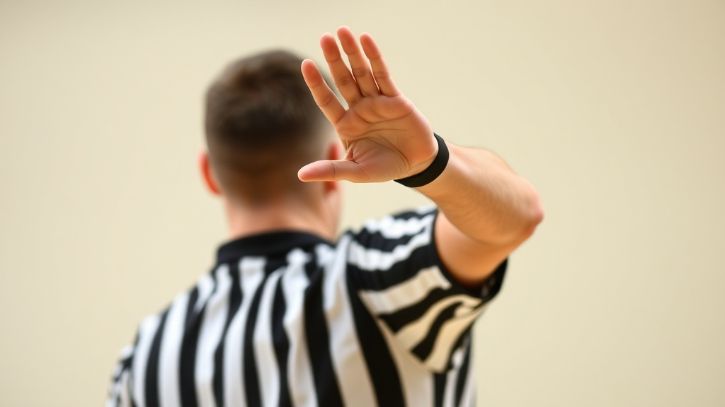 심판이 테크니컬 파울 시그널인 T자 모양 손동작을 하고 있는 모습